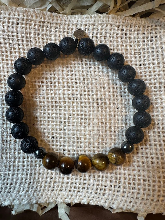Pulsera Lava , Ojo de Tigre y Hematite - Protección y Poder