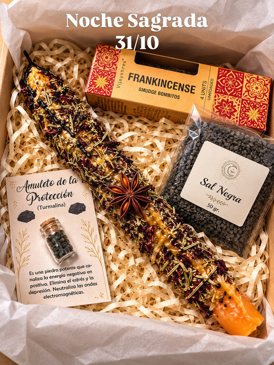 Ritual Noche Sagrada 31/10 – Kit completo con vela alquímica, incienso de olíbano, sal negra y amuleto de turmalina
