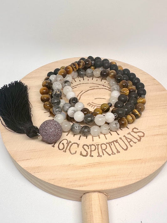 Japa Mala 108 de Lava, Cuarzo Turmalinado & Ojo de Tigre - Fuerza y Poder