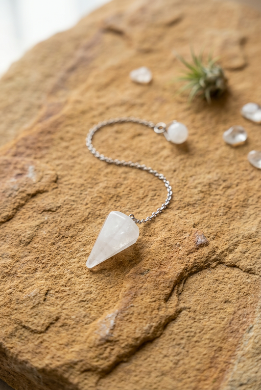 Péndulo de cuarzo blanco tallado con cadena plateada sobre piedra arenisca