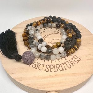 Japamala de Fuerza y Visión Sagrada: Lava, Cuarzo Turmalinado & Ojo de Tigre