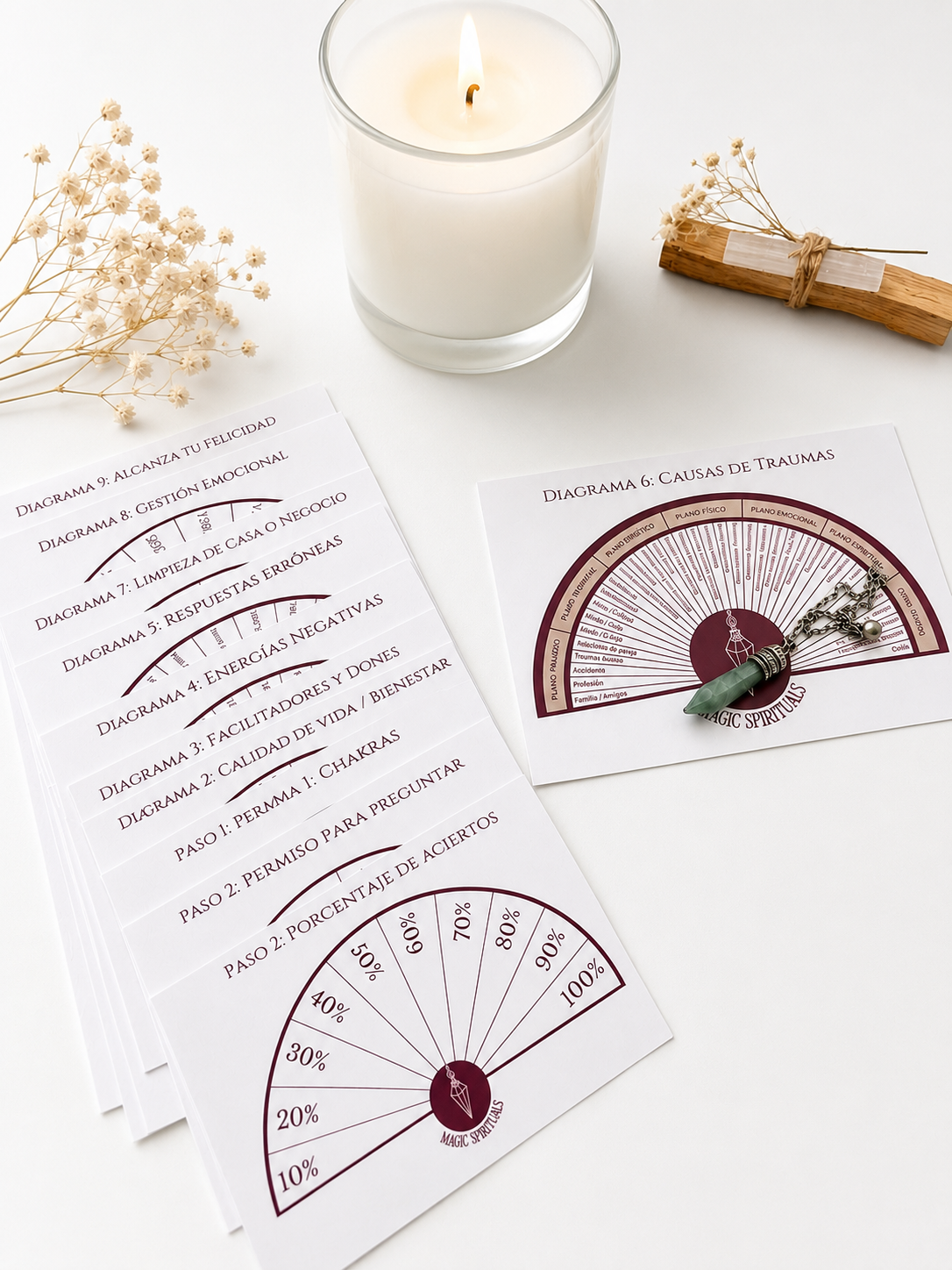 Kit de Radiestesia Sagrada: Péndulo, Selenita, Palo Santo & Plantillas Especializadas